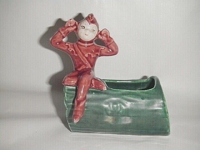 VTG GILNER POTTERY BROWN ELF GREEN LOG PLANTER 1950\'S SMALL CACTUS HEAR NO EVIL