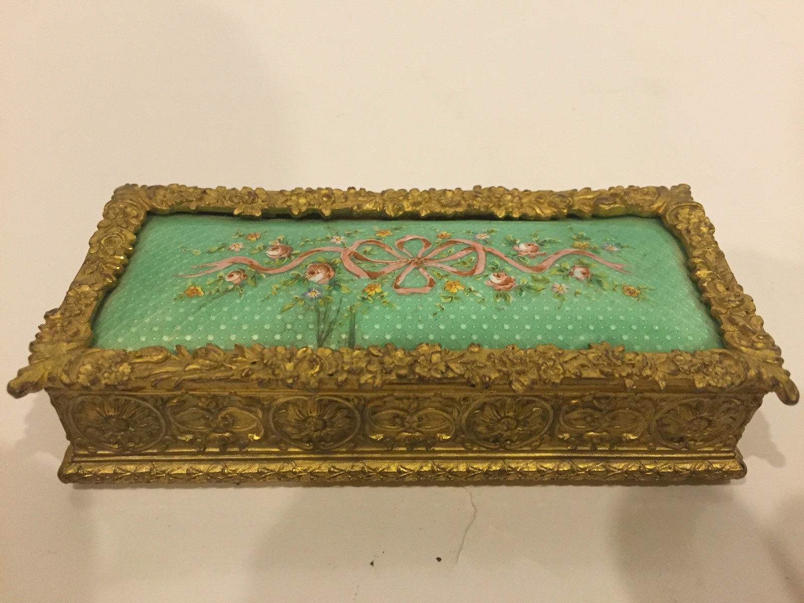 Antique Frech Gilt Bronze And Floral  Enamel Trinket Jewelry Box