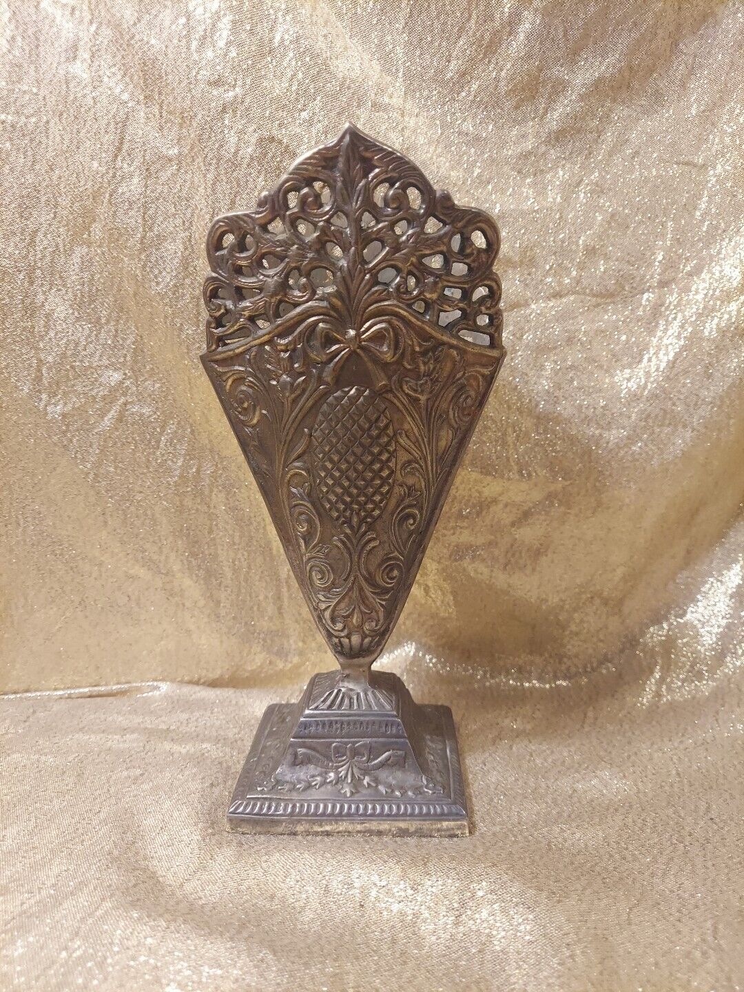 Vintage Art Nouveau Ornate Filigree Silvertone Mixed Metal Fan Shape Vase