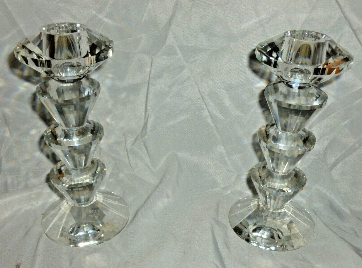 Vintage Set Of 2 Clear Crystal Candlesticks By Simon Design 6\