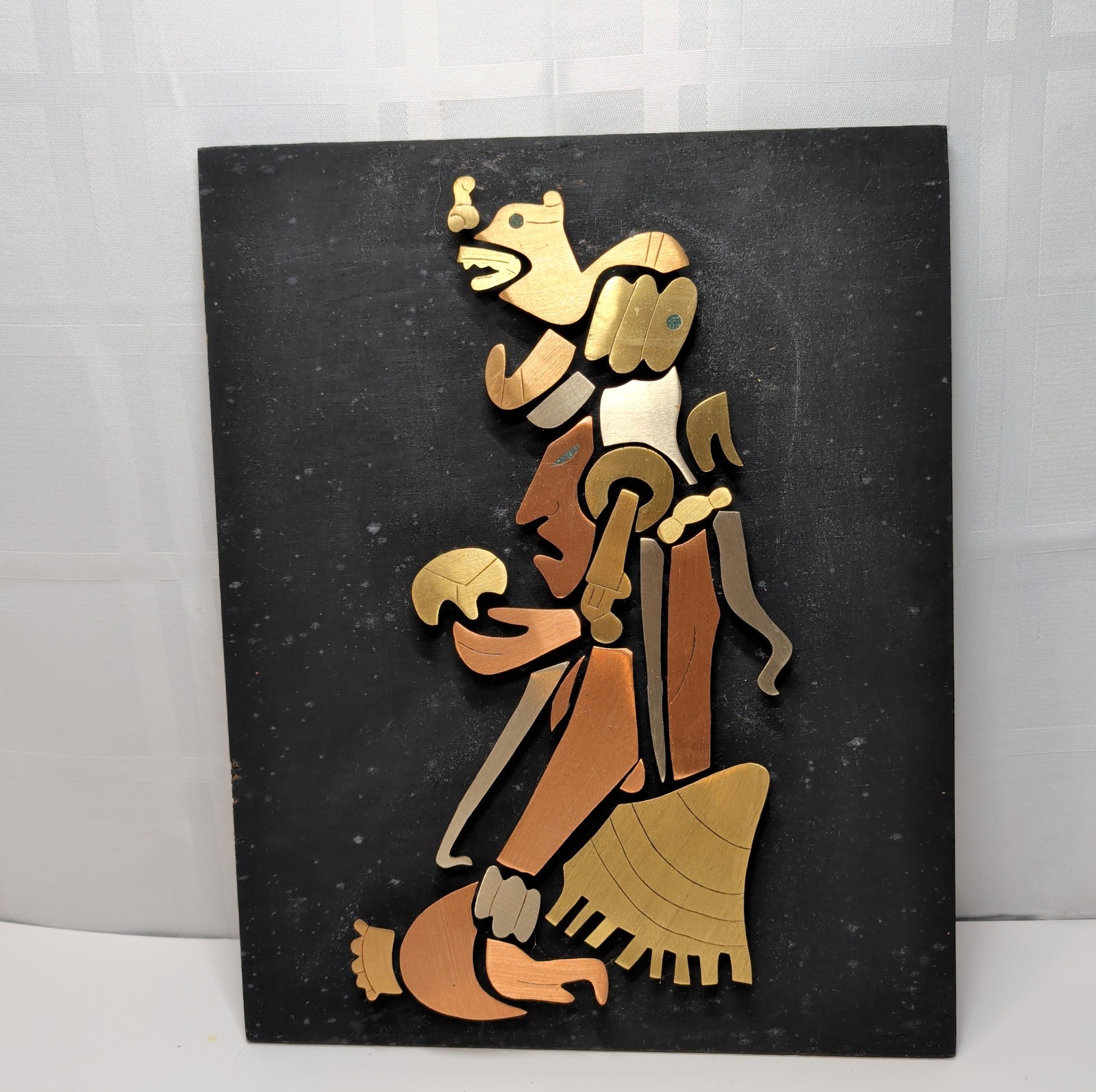 VTG Mid Century Mexican Mixed Metal Wall Plaque Aztec Mayan Warrior Taxco Art