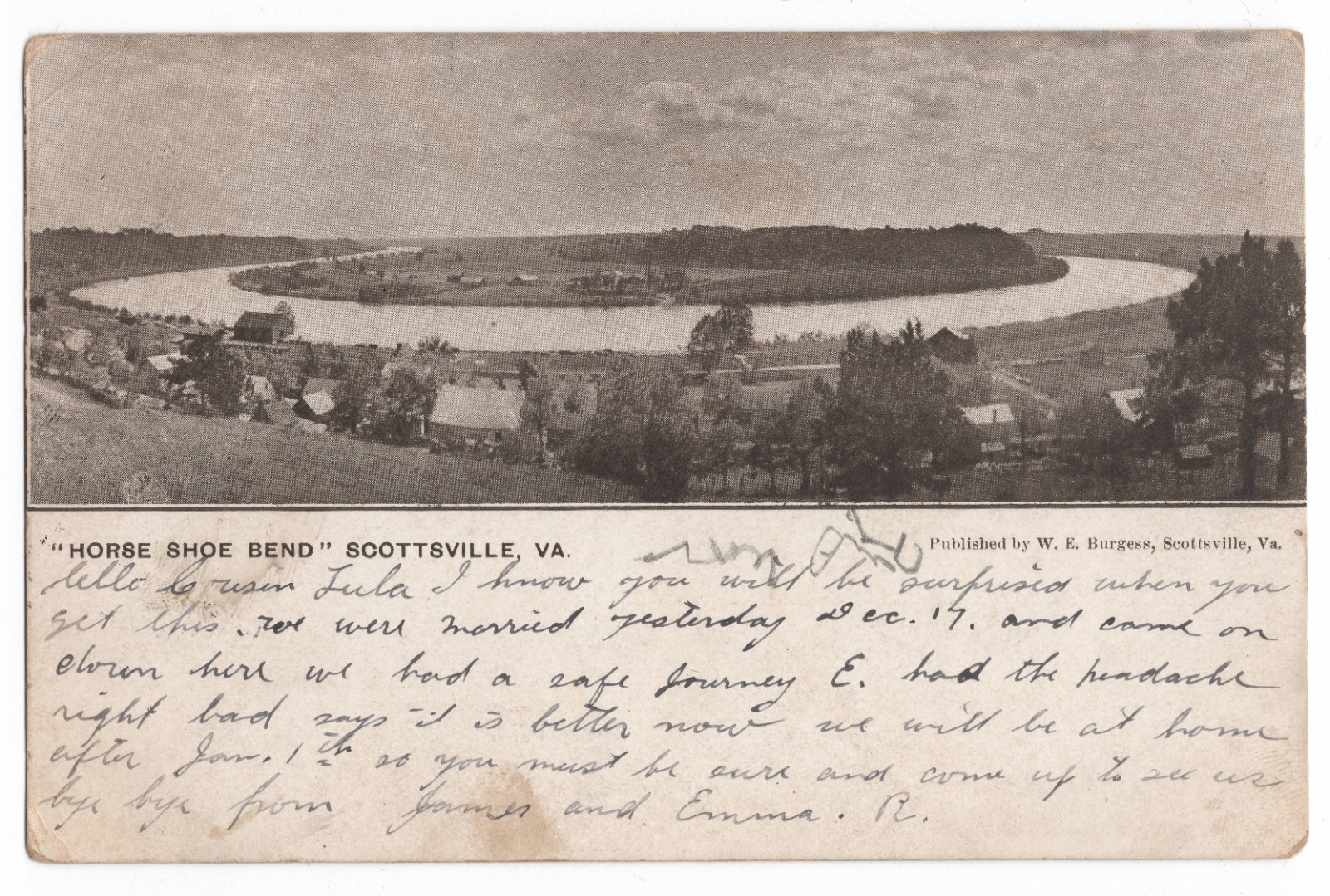EARLY HORSE SHOE BEND SCENIC VIEW SCOTTSVILLVE, VA W.E. BURGESS POSTCARD