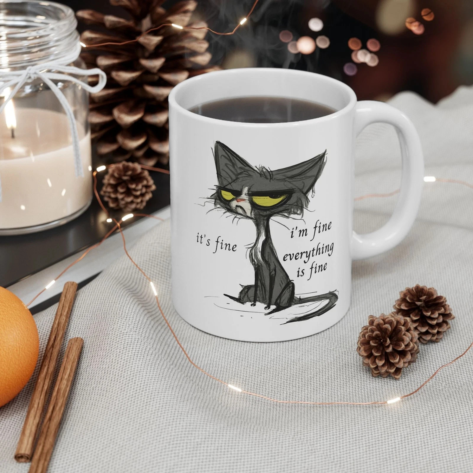 Funny Cat Mug 11oz - \' It\'s Fine , I\'m Fine \' Sarcastic Coffee Cup Gift