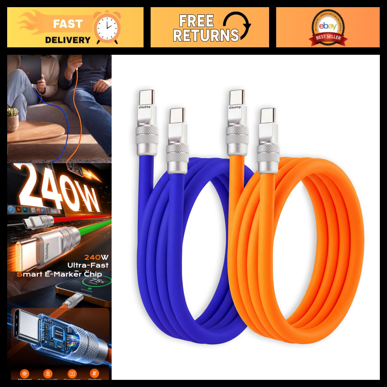 chubbycable 240W Silicone USB C to C Cable, 2 Pack, Blue+Orange, 4.9FT