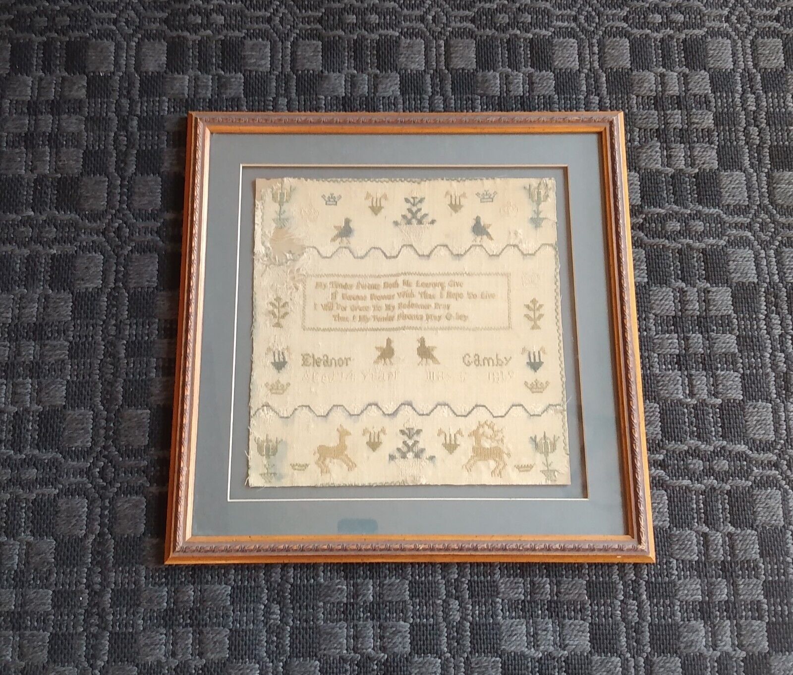 Early 19th C Antique Eleanor Gamby 14th Year 1819 Deer Needlework Sampler