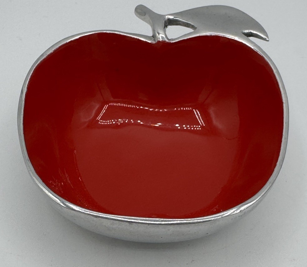 Lunares Silver Apple Trinket Honey Jam Dish Red Enamel Interior 4”
