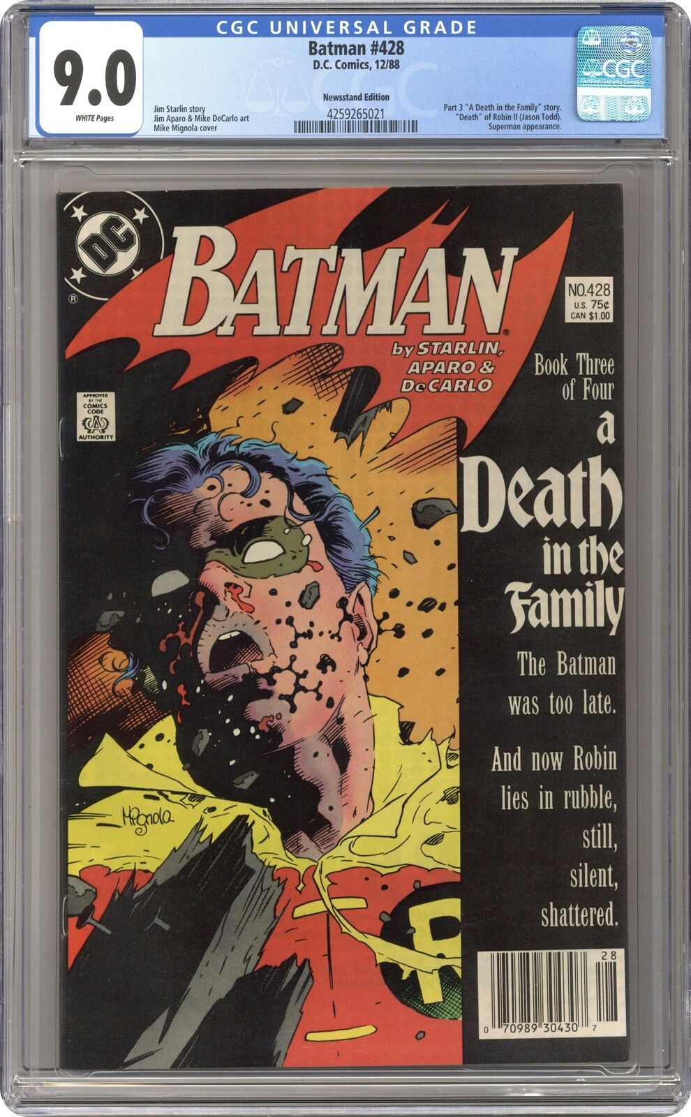 Batman #428 CGC 9.0 Newsstand 1989 4259265021 Death of Robin
