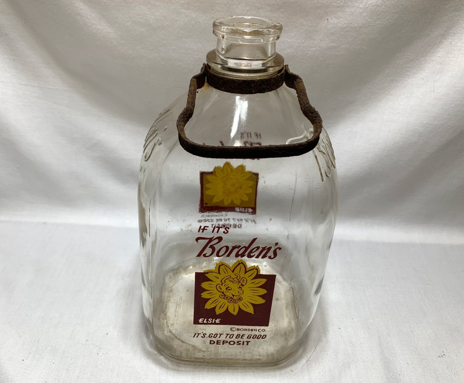 Vintage BORDEN'S Dairy Gallon Milk Bottle Jug Metal Handle Elsie Cow Logo