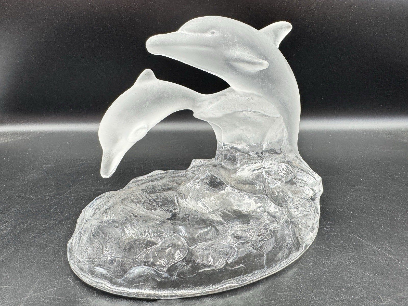 Vintage Lead Crystal Frosted Dolphin Pair Clear Ocean Wave Base Figurine