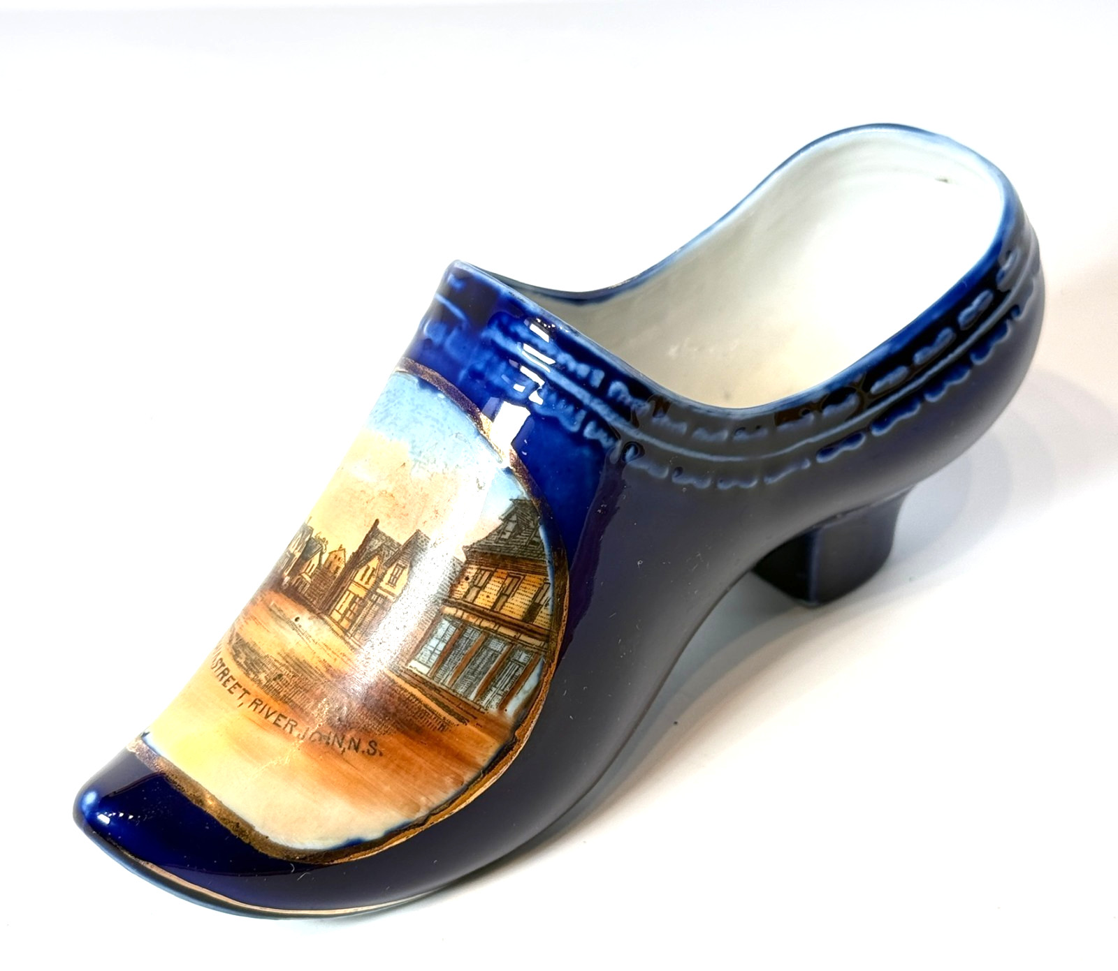 MAIN ST. - RIVER JOHN - N.S. CANADA Antique Souvenir China COBALT TRINKET SHOE