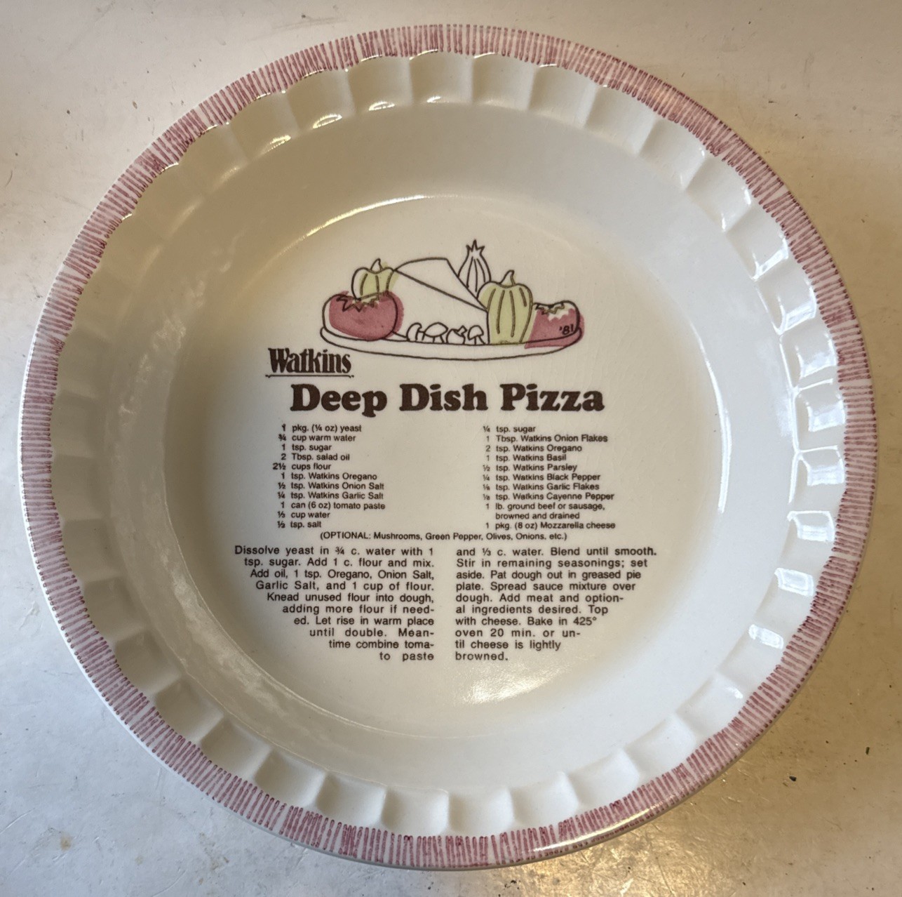 Vtg Watkins Ceramic Stoneware Pizza Pie Plate with Recipe Vintage 11” Deep Dish