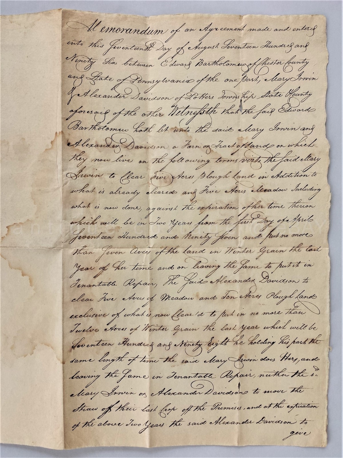 1796 antique DEED chester co pa ED BARTHOLOMEW potters township DAVIDSON & IRWIN
