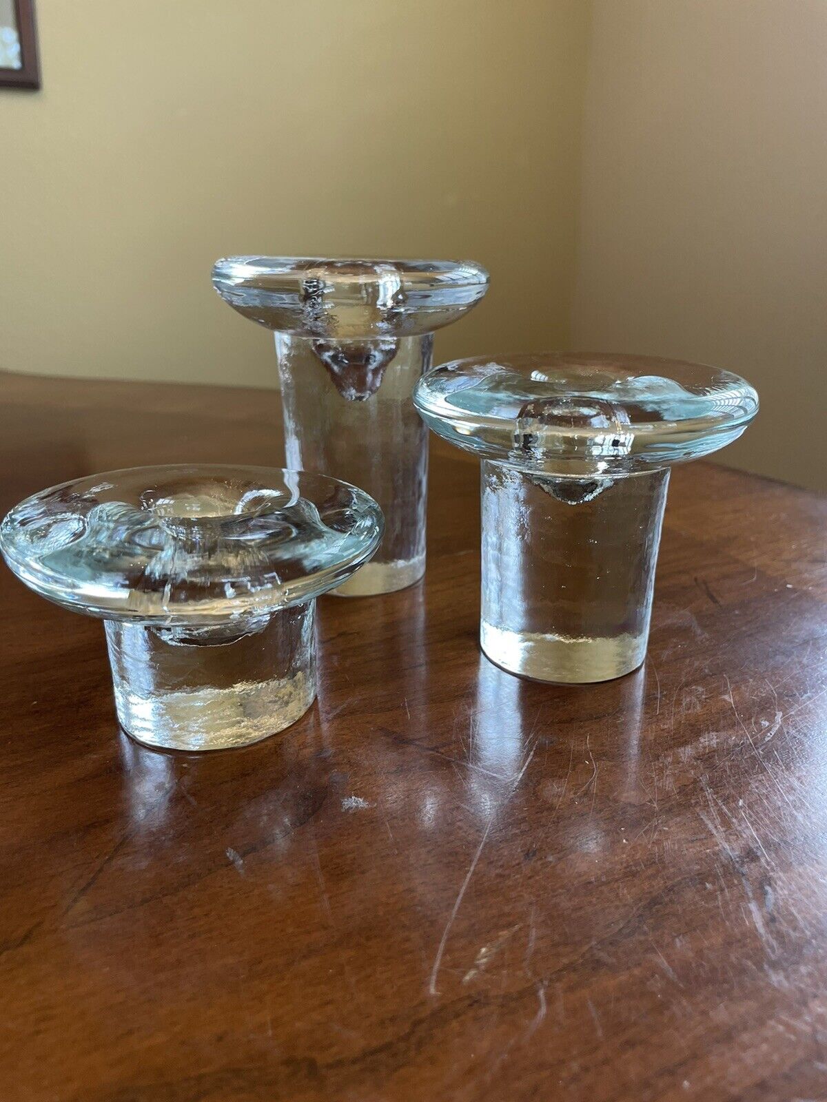 Blenko Art Glass Ice Mushroom Set Of 3 Candle Holder  Don Shepherd VTG MCM