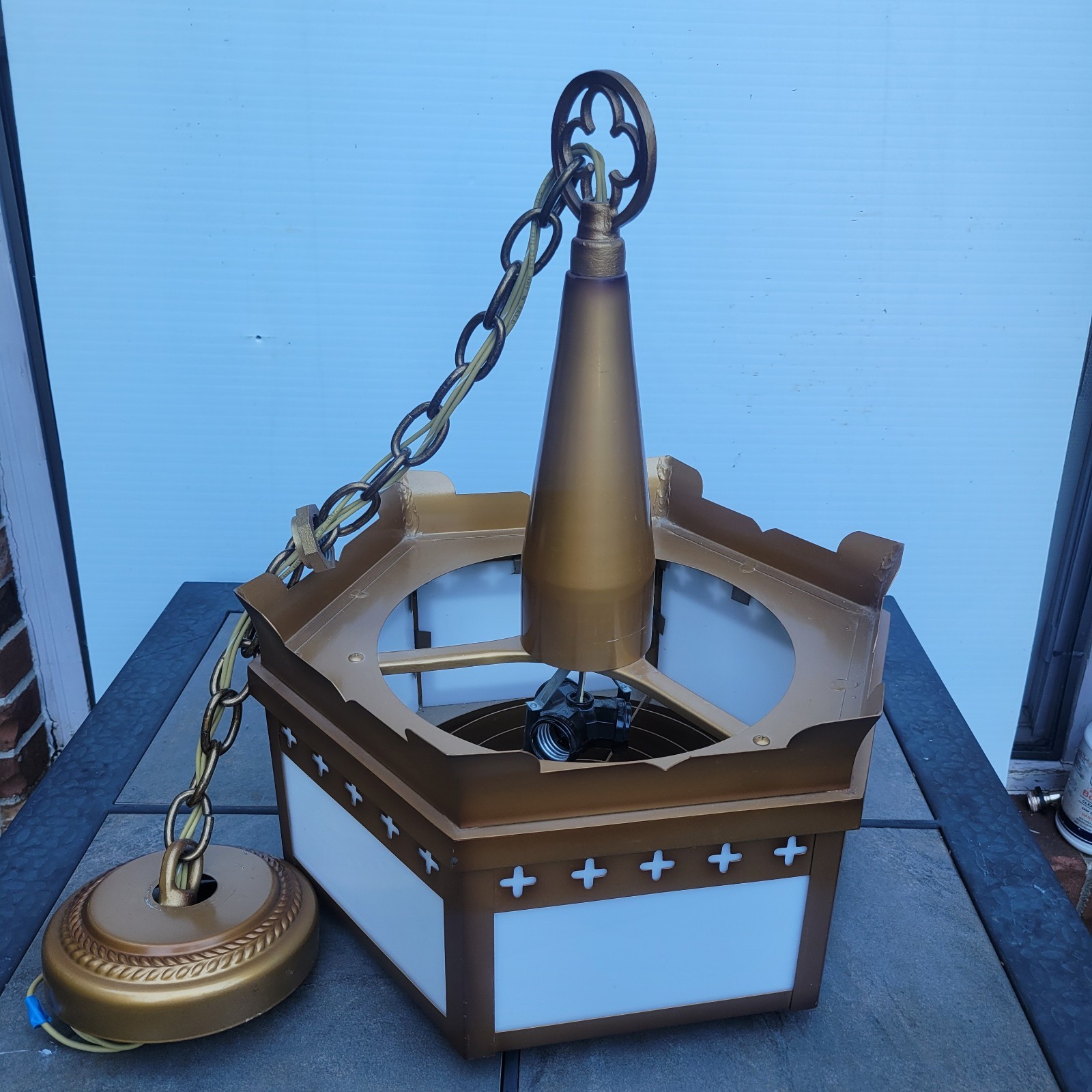 VTG Hexagonal Cross Detailed Light Fixture Gothic Church Pendant Hang Ceiling