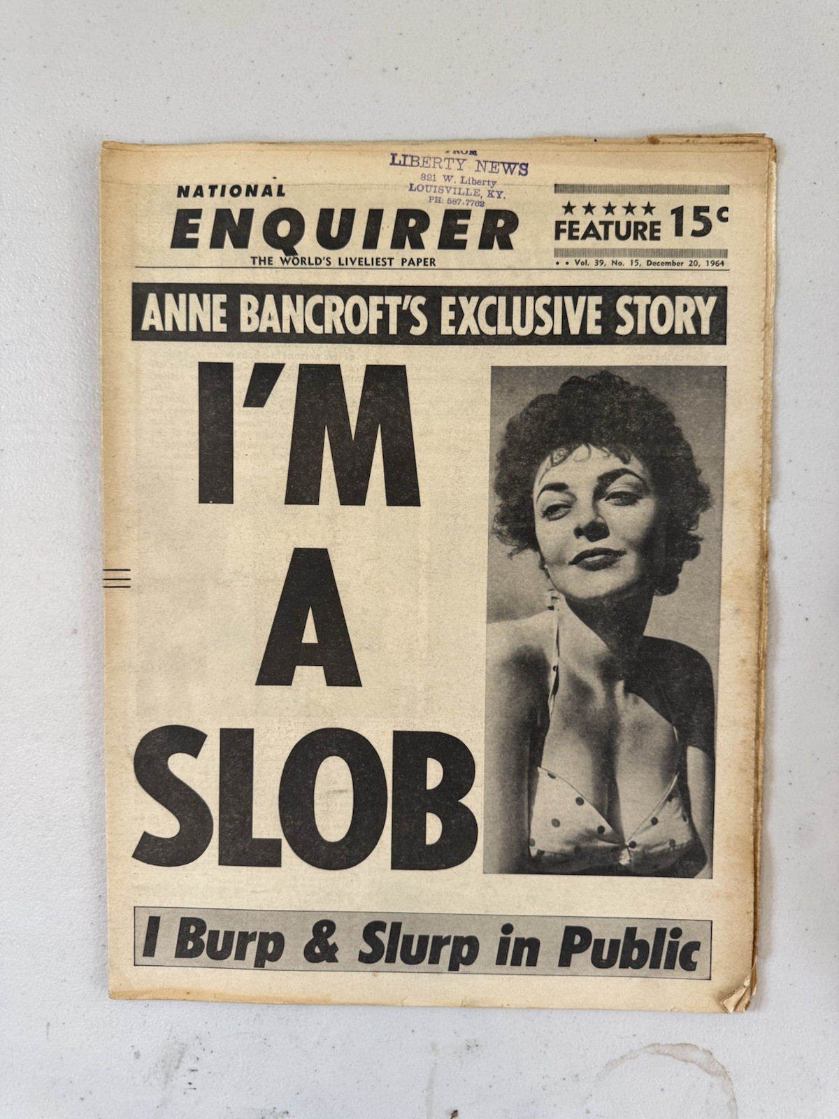 1964 December 20th National Enquirer Newspaper, Anne Bancroft (VRN7)
