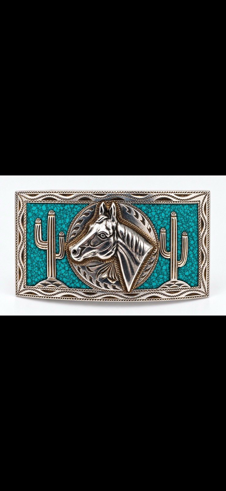 Vintage Mexico 925 Sterling Silver Turquoise Inlay Horse Cactus Belt Buckle 46g