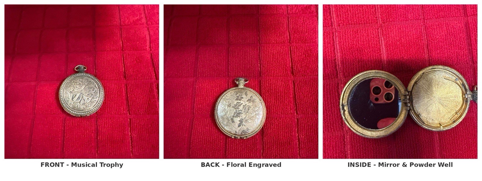 Vintage Gold Tone Pocket Watch Locket Photo Compact Musical Engraved