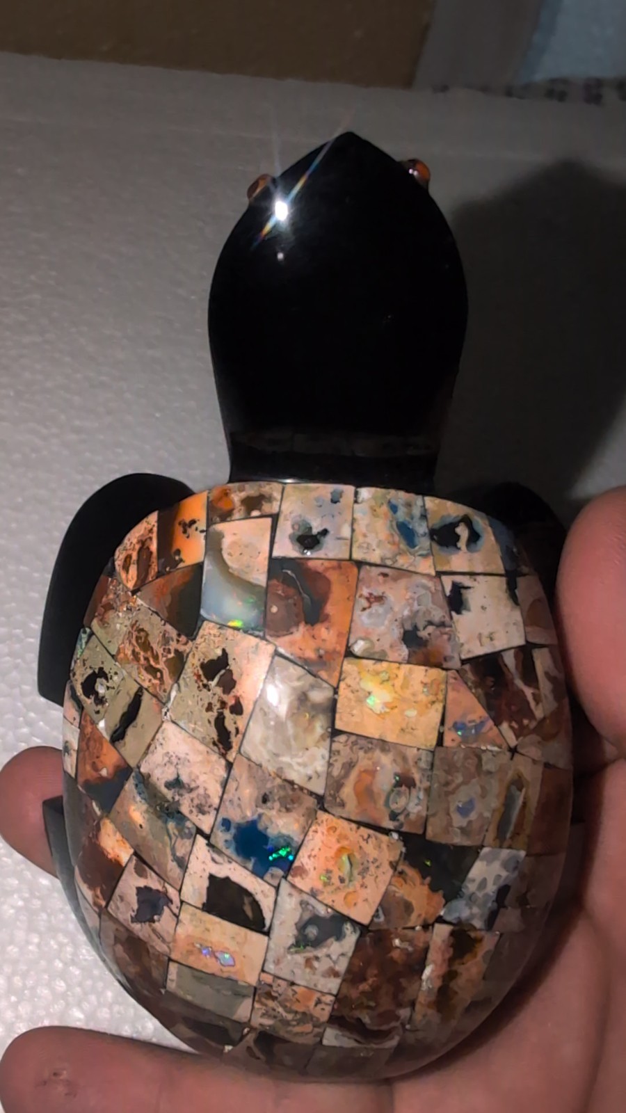 Obsidian Turtle With Cantera Opal Inlay. See Video
