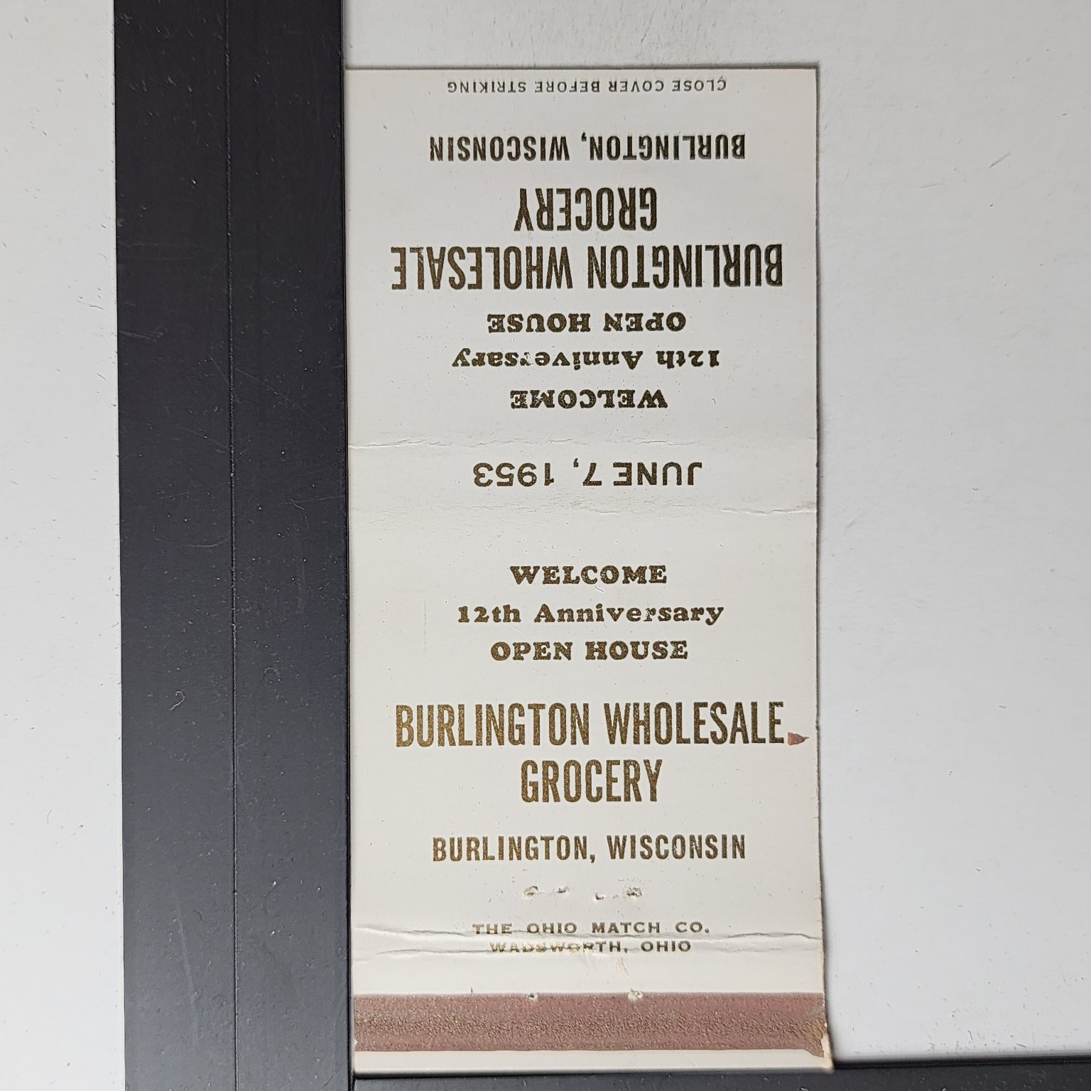 Burlington Wholesale Grocery Burlington WI 1953 Anniversary Matchbook