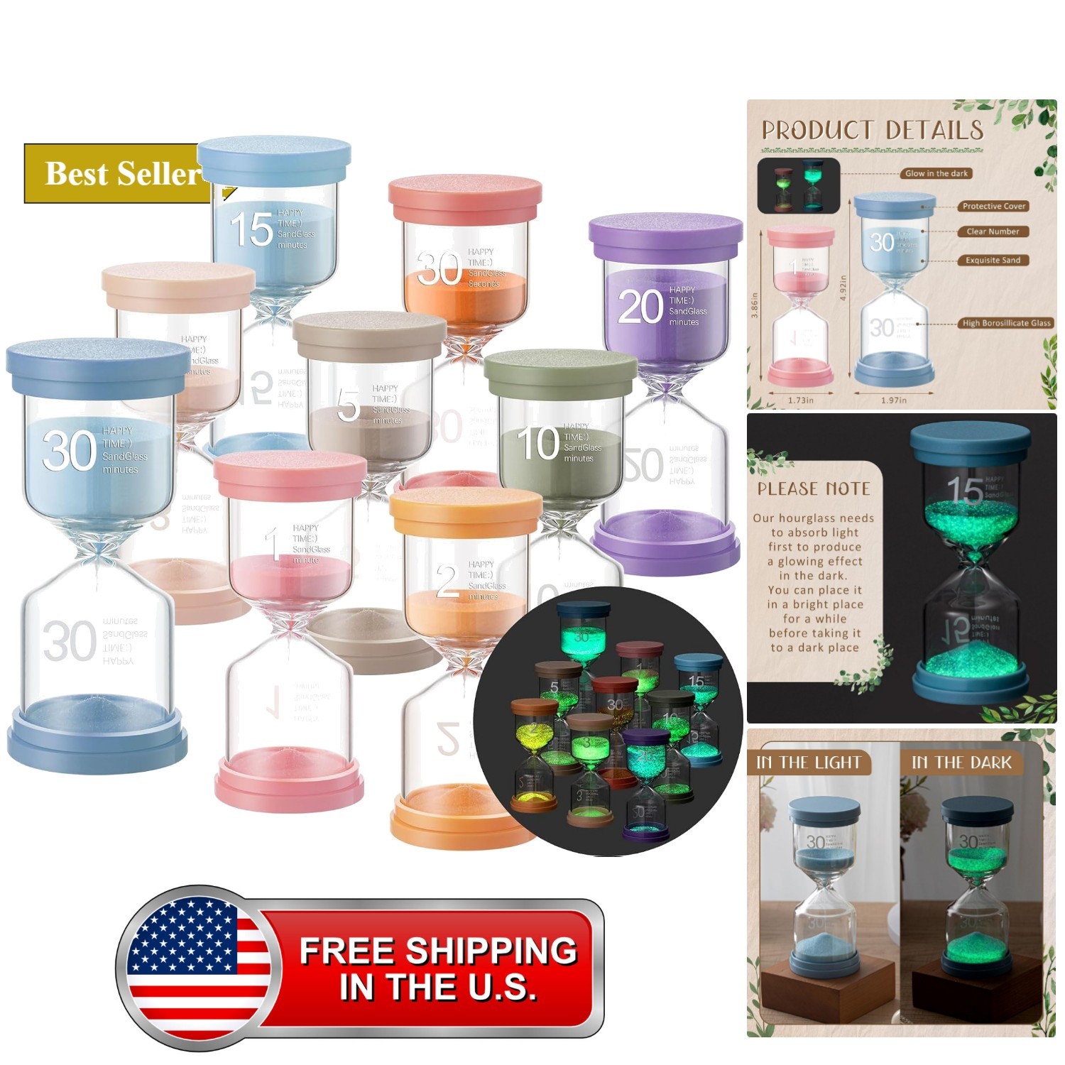 9 Pcs Luminous Sand Timers 0.5/1/2/3/5/10/15/20/30 Minutes Colorful Hourglass...