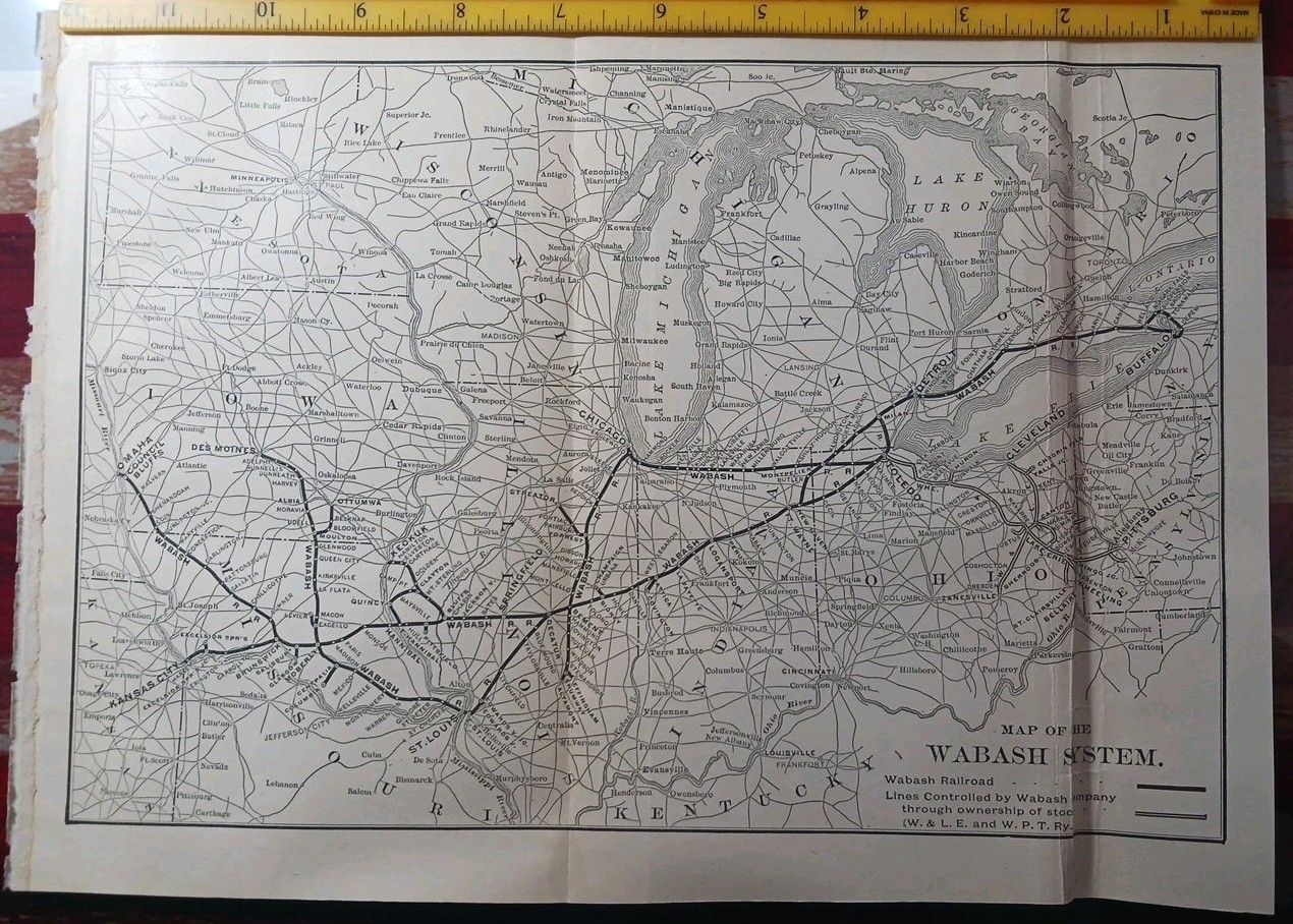 1905 Train Route Map WABASH SYSTEM all Railroad Controlled Lines stations 12
