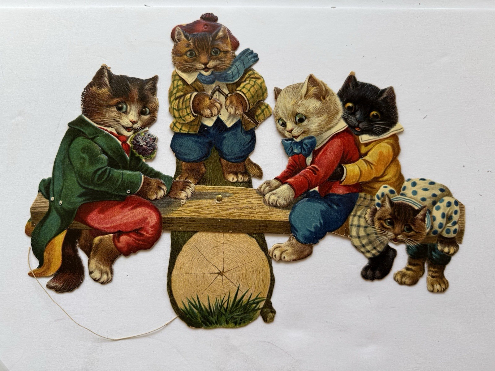 Antique TUCK Mechanical 5 Cat TeeterTotter Die Cut Bavaria Valentine Card Jumbo