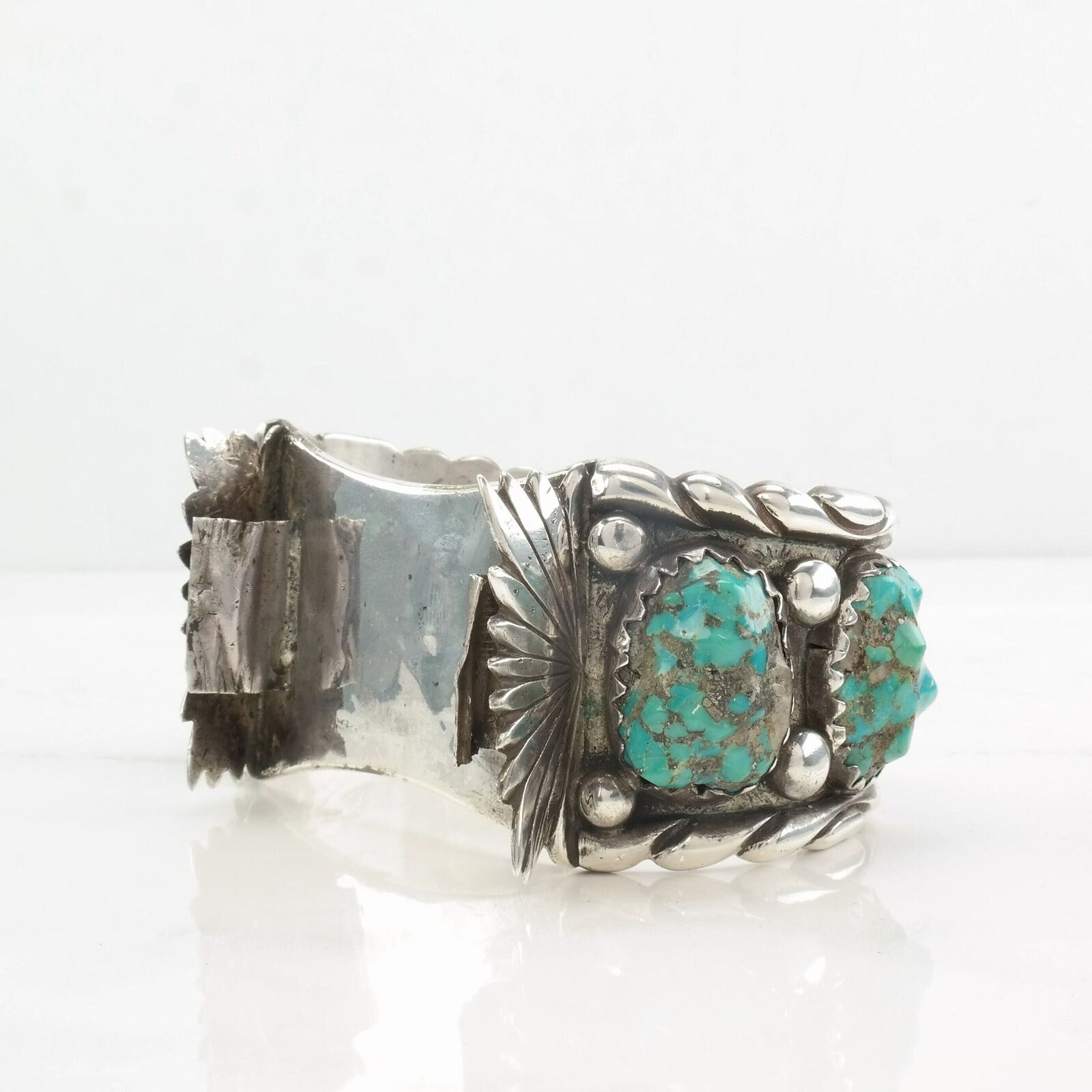 Leekya, Zuni Sterling Silver Watch Cuff Bracelet Carved, Turquoise