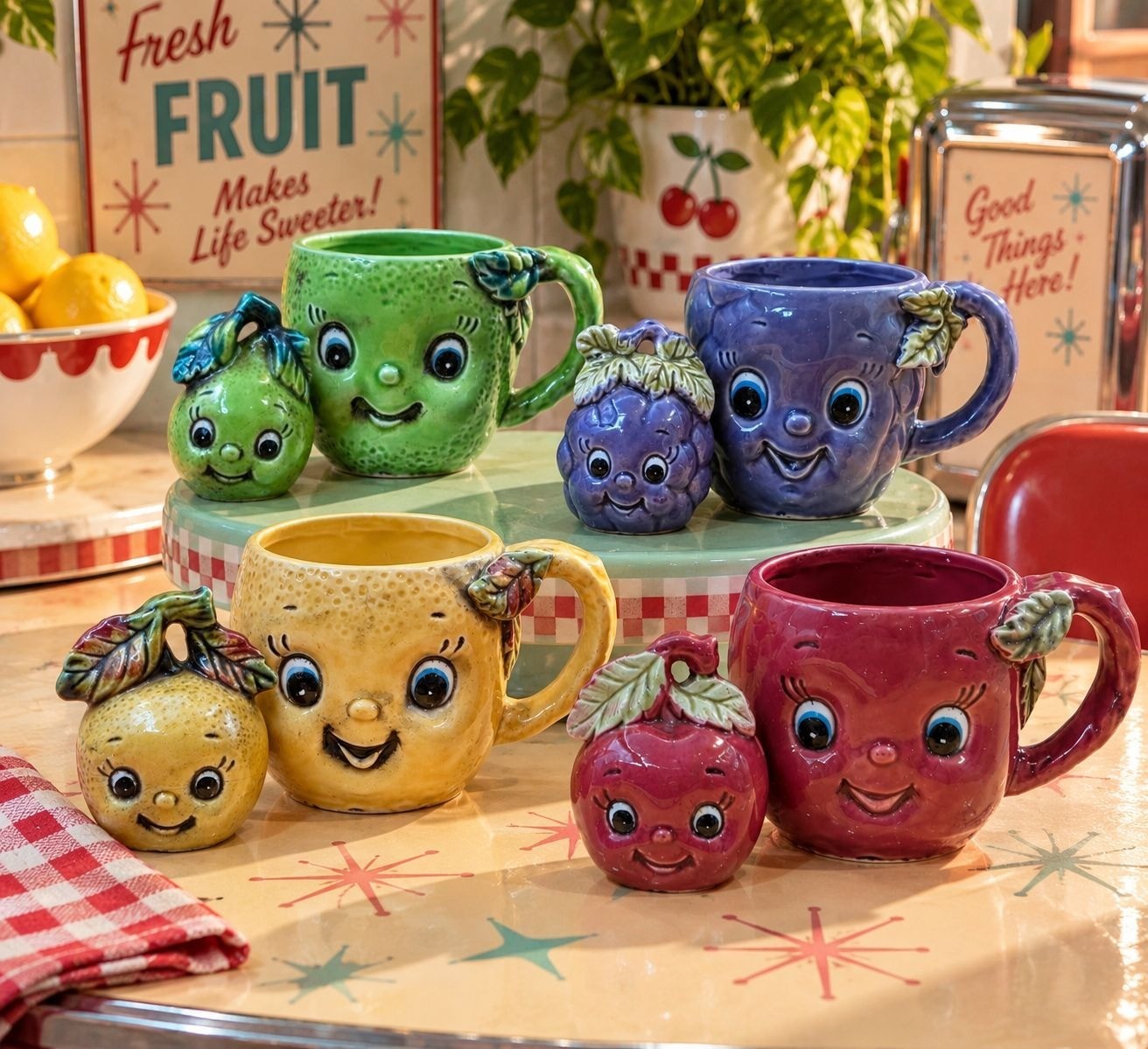 Vintage Enesco Anthropomorphic Fruit Mugs Salt Pepper Shakers Set of 8