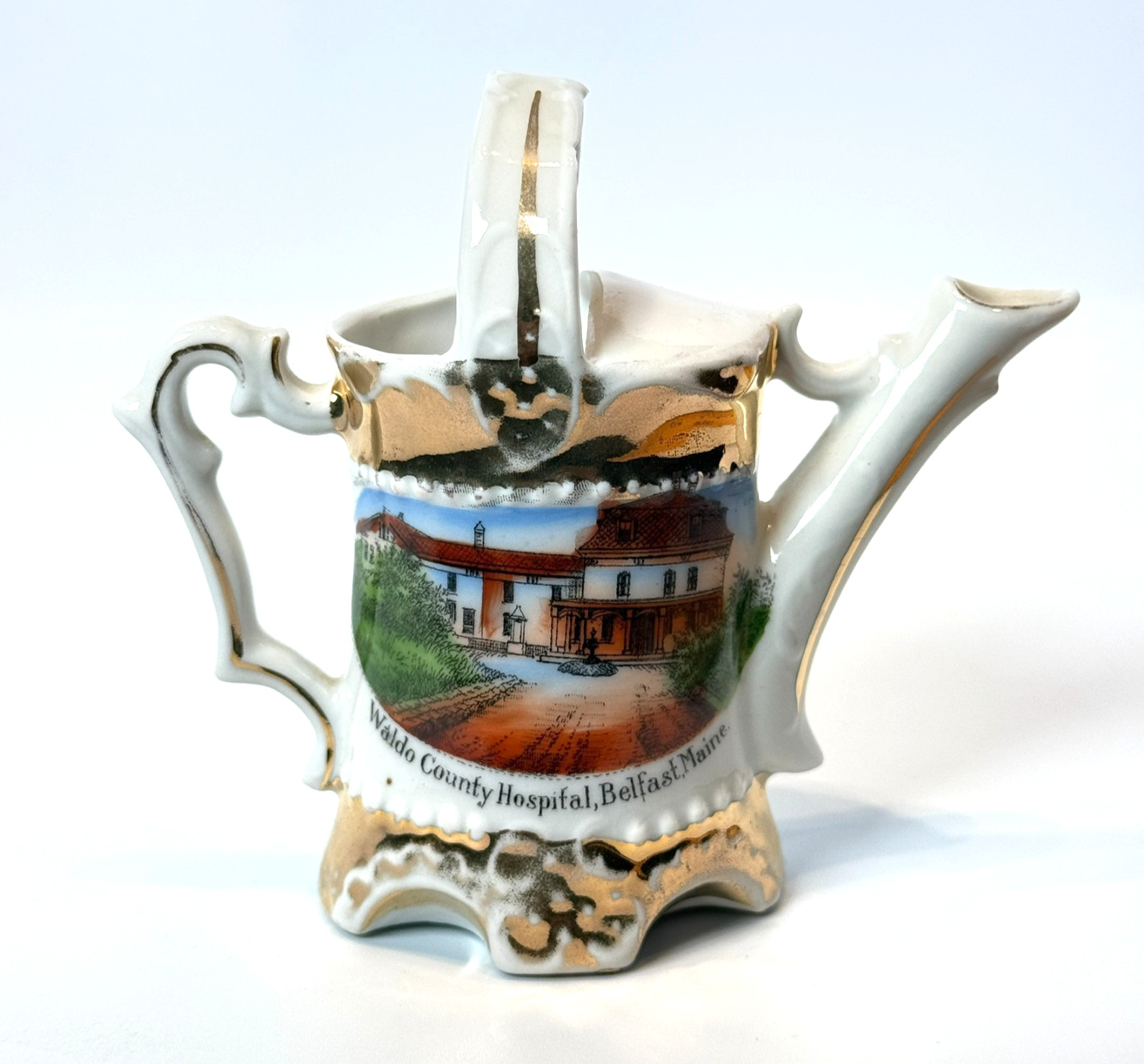 BELFAST - Waldo Hospital MAINE ME Antique Souvenir China TRINKET Teapot Creamer