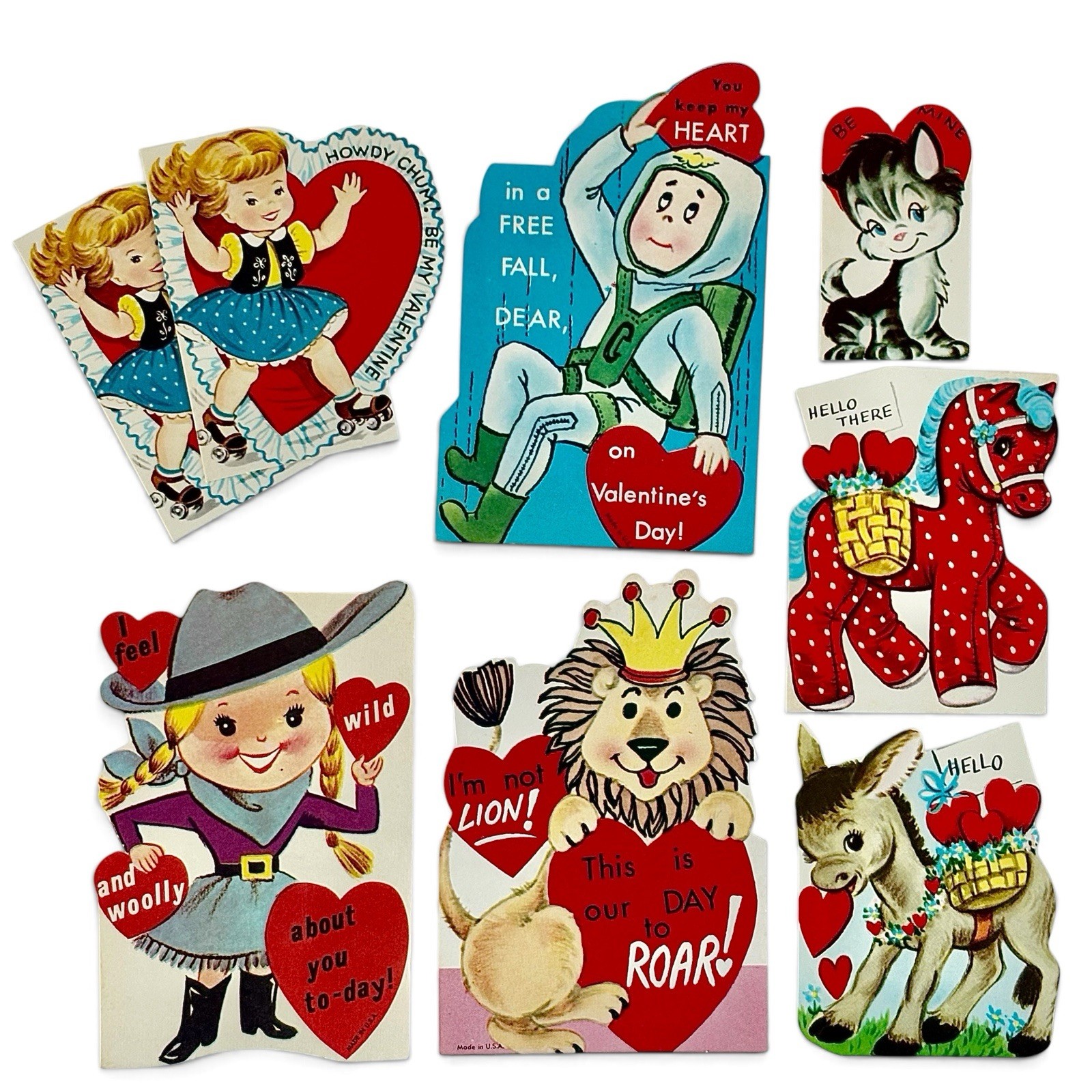 20 Vintage Valentine Cards 1950s-60s Die-Cuts Skydiver Rollerskater Cowgirl