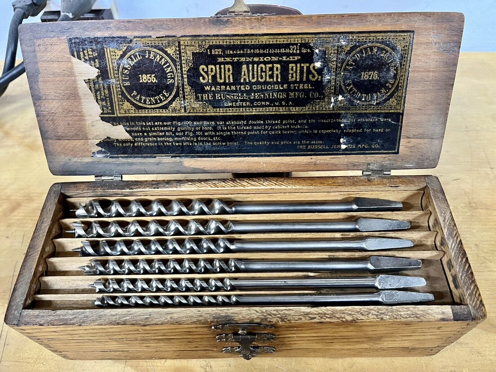 Vintage 13 Piece Set Russell Jennings Auger Drill Brace Bits, Black Label Box