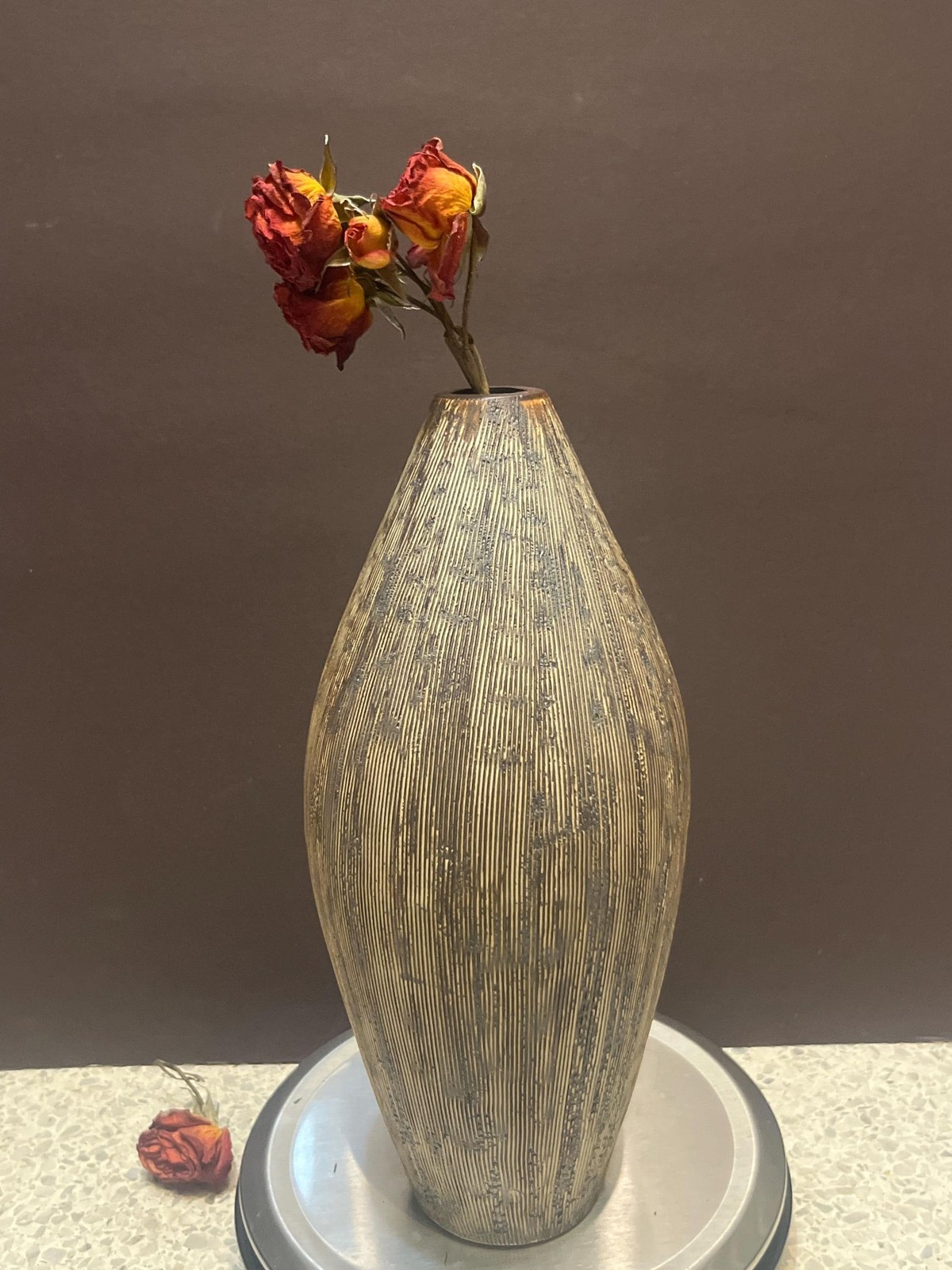 Vintage 9.5” Ribbed Ceramic Vase | Brown & Gold Textured Pottery Bud Vase | Orga