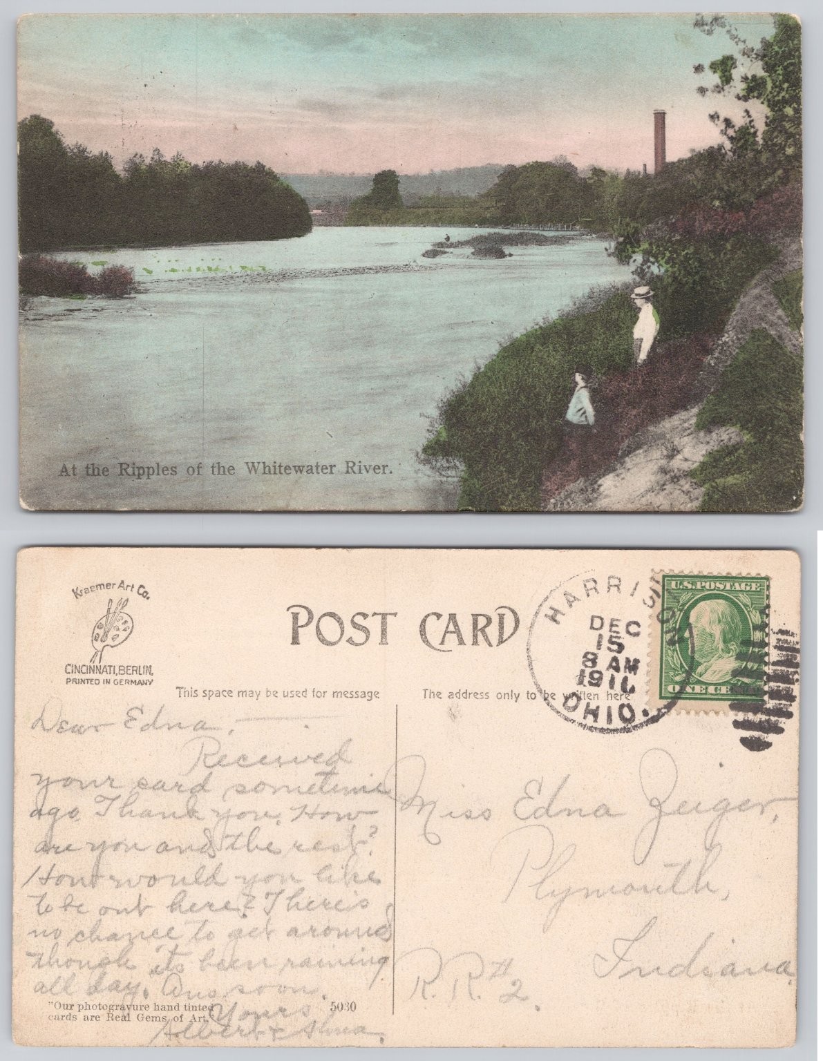1910 Whitewater River Ripples Ohio Hand Tinted Photogravure Postcard Vintage