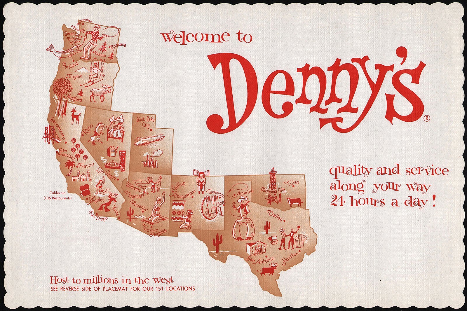 Vintage placemat DENNYS restaurant western states pictured location list n-mint+