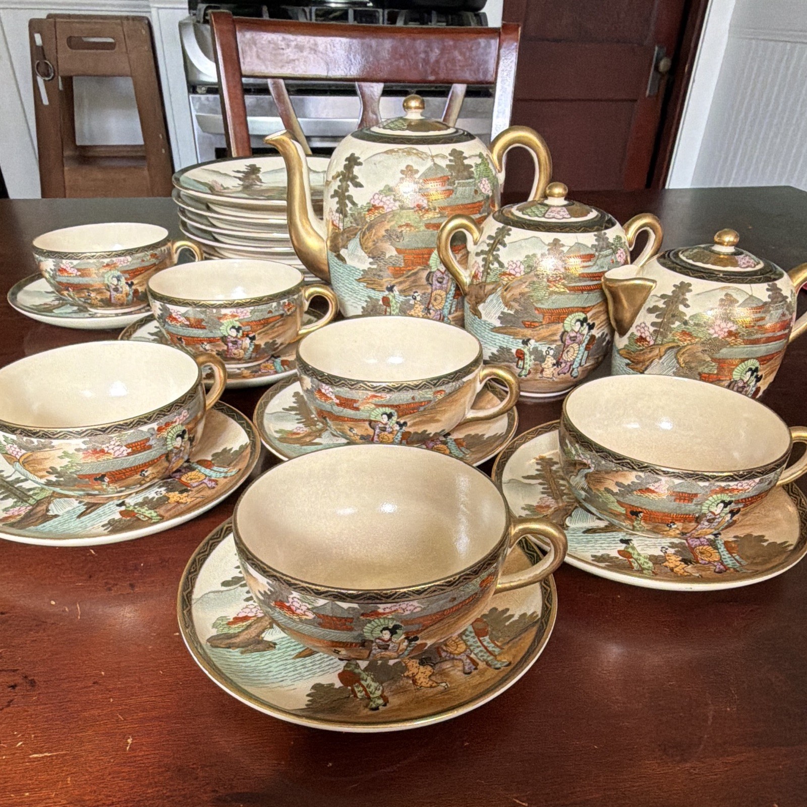 Antique Japanese Satsuma Style Tea Set Service for 6 – Hand Painted Gold Details Antique Japanese Satsuma Style Tea Set Service for 6 – Hand Painted Gold Details