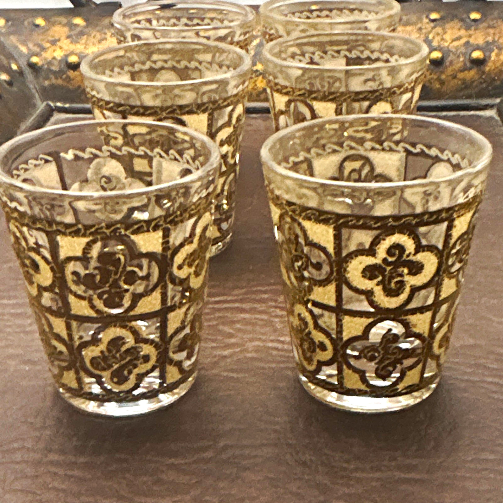 Vtg Culver Sallye 22 Kt Gold Shot Glasses Clover Quatrefoil MCM Barware Set of 6