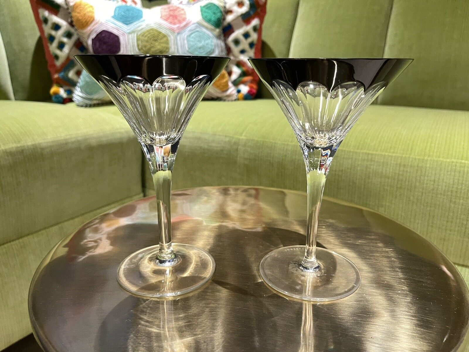 2 Faberge Grand Duke Black Cut to Clear Crystal Martini Glass - EUC