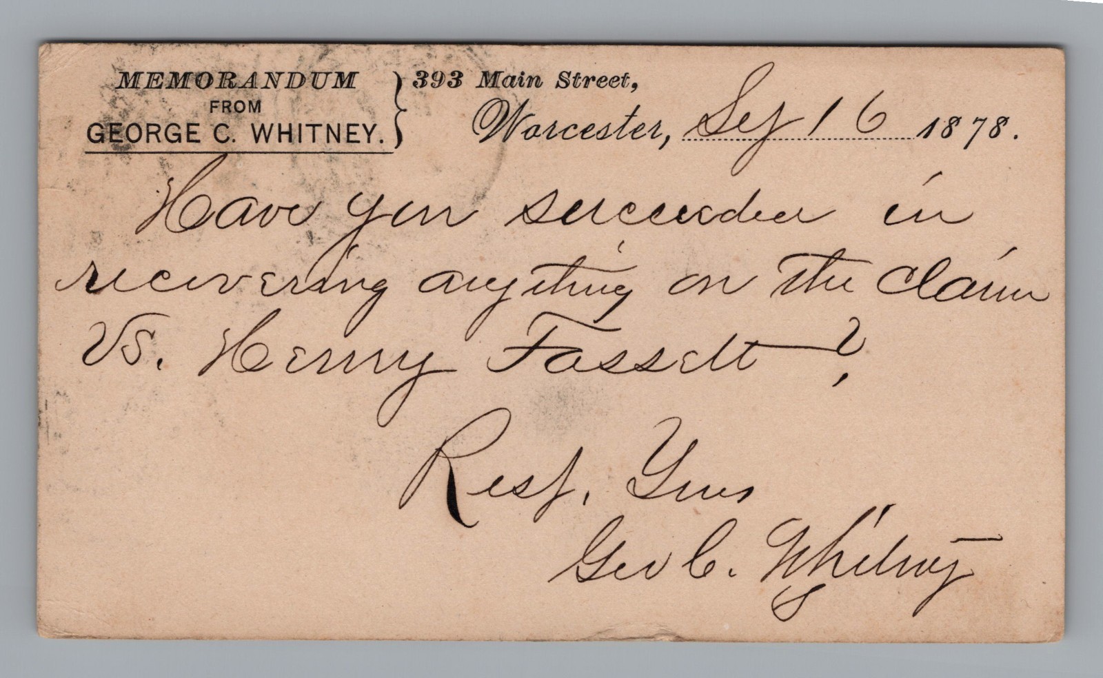 1878 Signed George C Whitney Valentine Publisher Postal Card Memorandum Auto