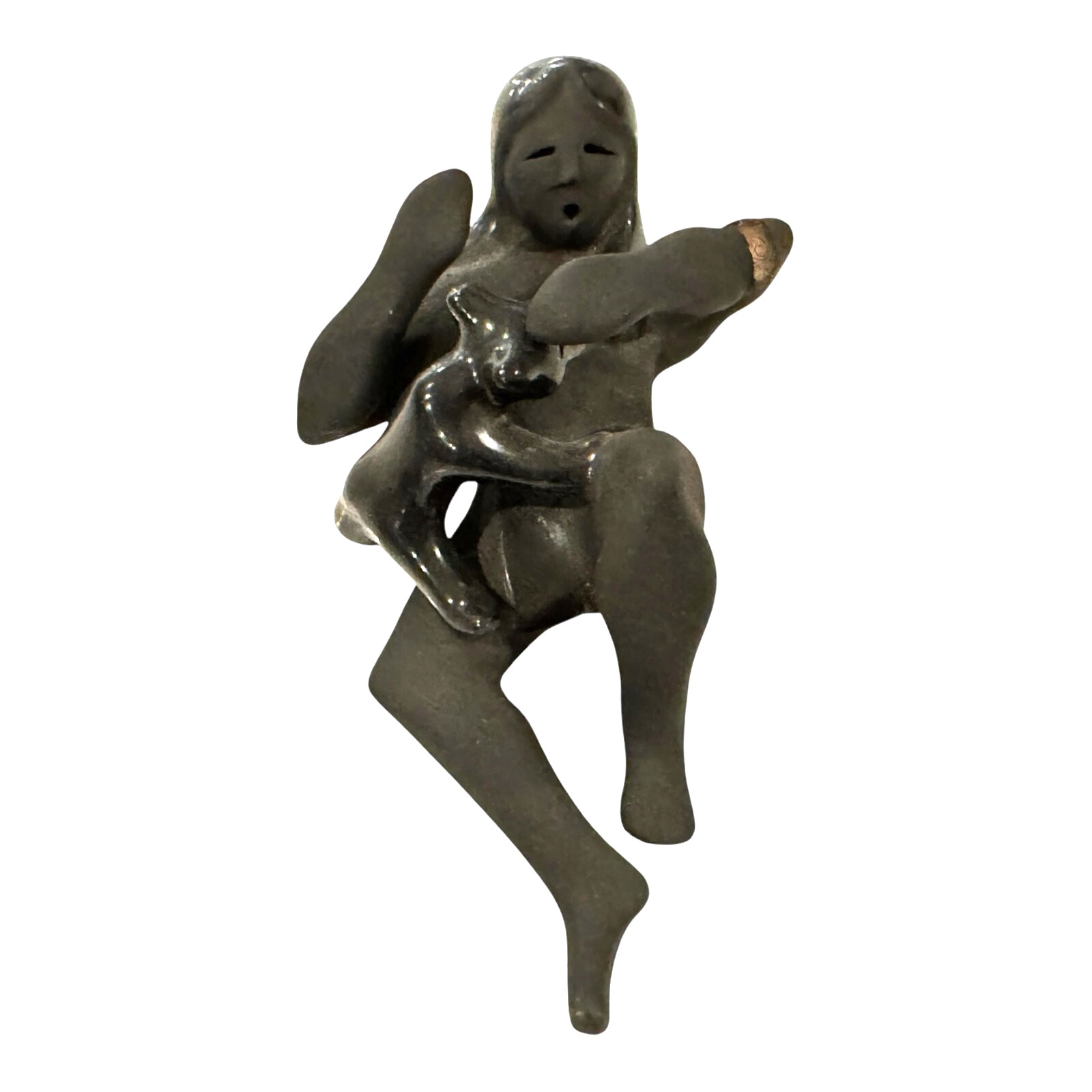 Vintage Native American Santa Clara Blackware Pottery Woman Figurine - Signed