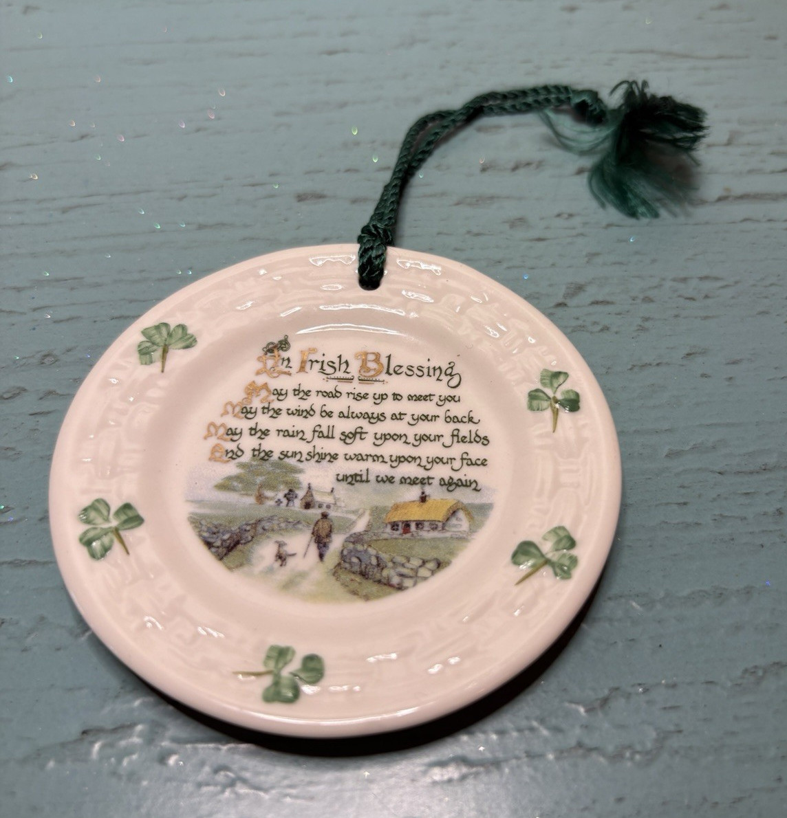 Belleek Irish Blessing Shamrock Hanging Ornament Ireland Fine Parian Porcelain