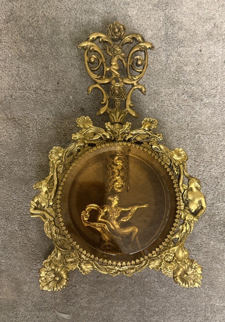 BEST Vintage Ormalu Gold Amber Glass Perfume Decanter/Bottle Cherub & People