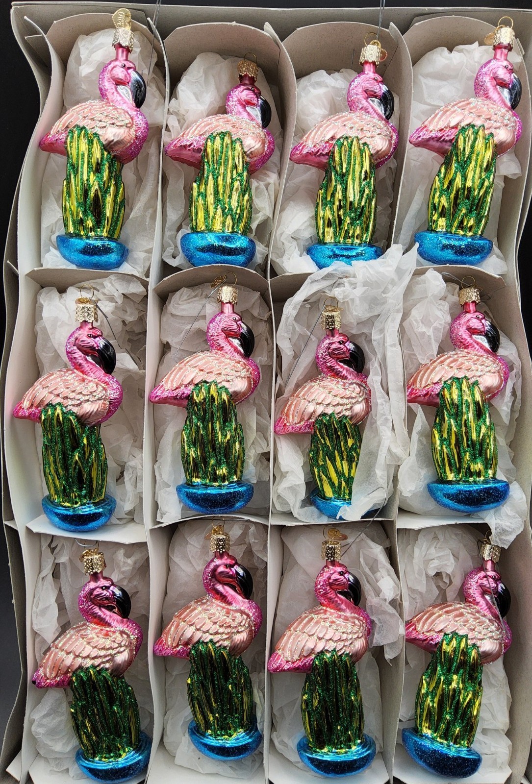 Vintage Set of 12 Old World Christmas OWC Flamingo Glass Ornaments Original Box