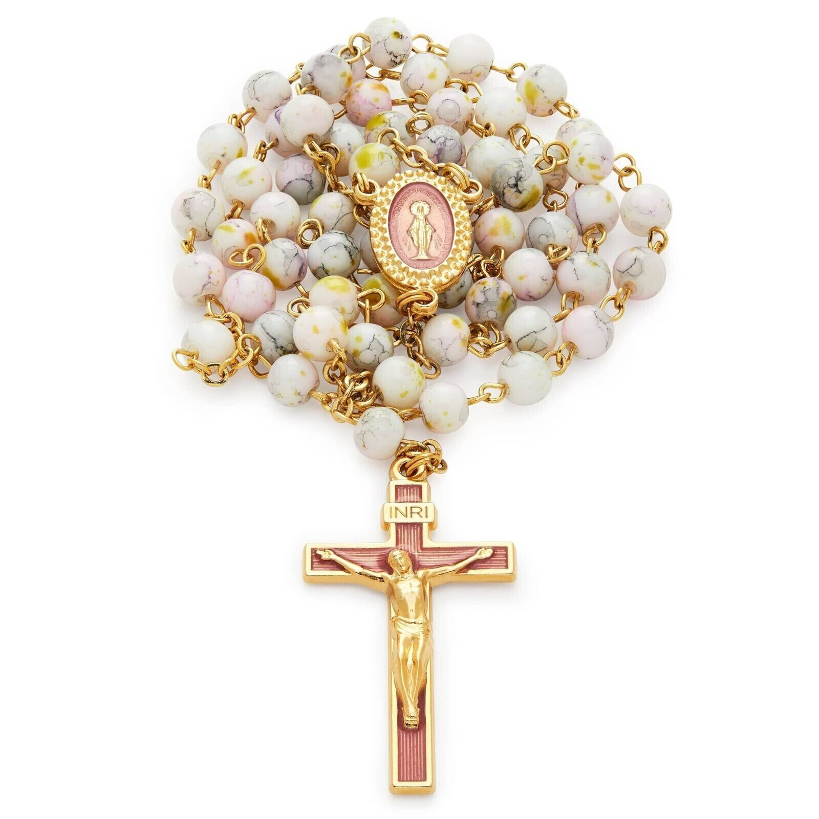 White Rosary Glass Beads Catholic Prayer Necklace Blessed By Pope Made in Italy