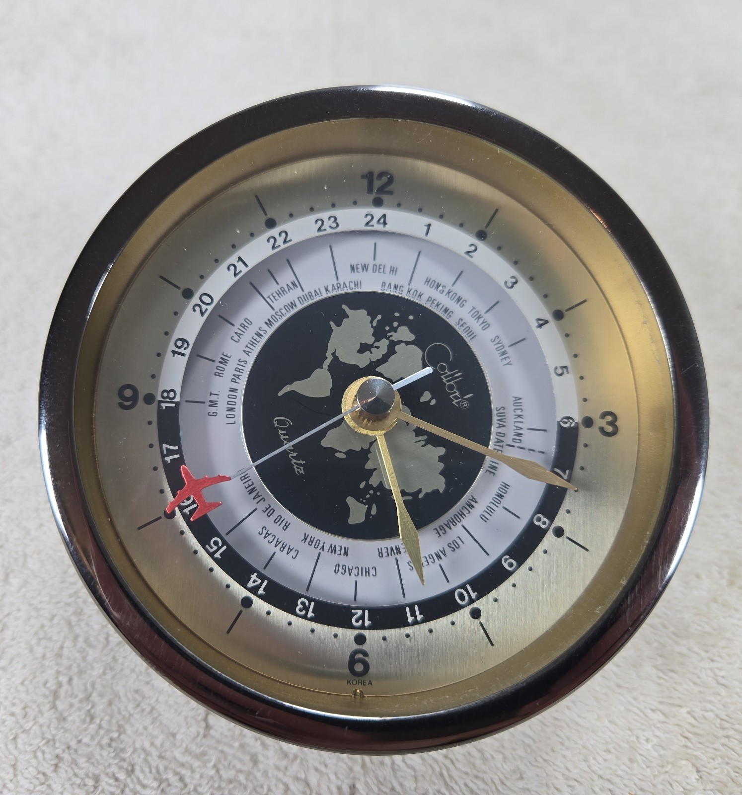 Vintage MCM World Times Desk Clock Aviation Chrome Brass Walter Kidde Aerospace