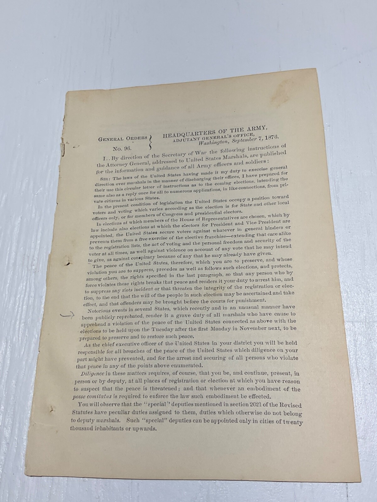 14th  AMENDMENT ENFORCED US ARMY ORDER 1876 PRESIDENT US GRANT SERIES G.O. #1908