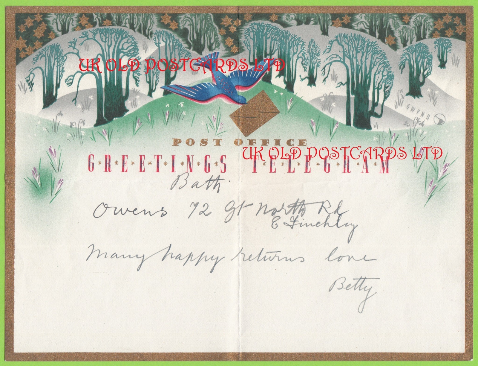 G.P.O. Post Office Greetings Telegram, by Gwynn - used c 1938.