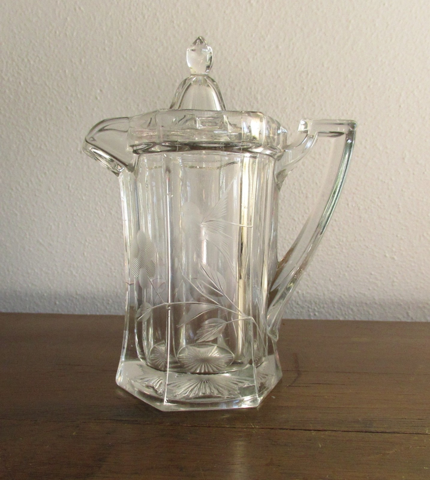 Vintage Etched Glass Syrup Pitcher with Lid – Bird & Floral – Faceted – 6” Tall