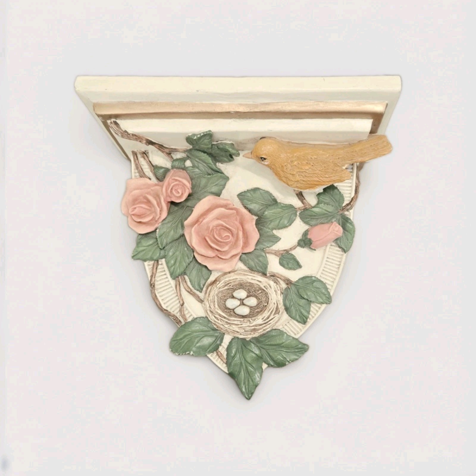 Vintage Wangs International Wall Shelf Resin Pink Roses Bird Nest Eggs 3D MCM