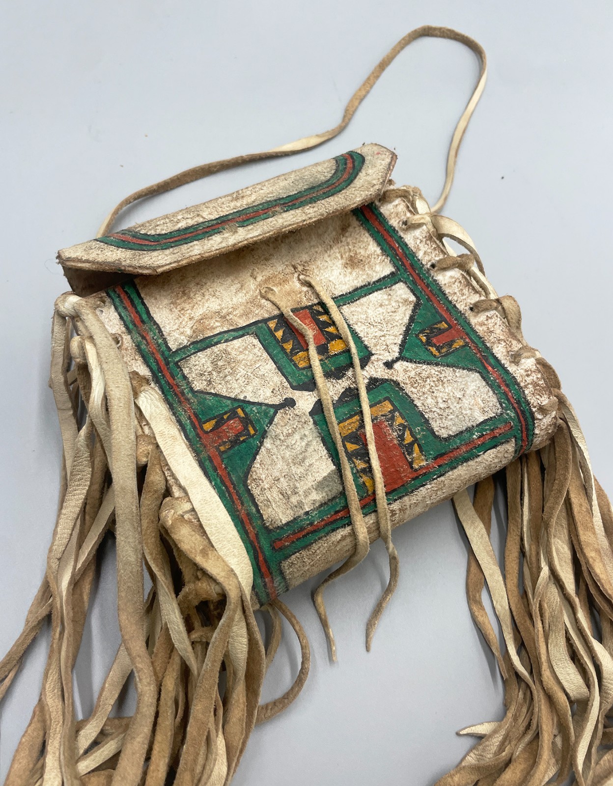 Plains Indian Native American Sioux Painted Rawhide Fringed Parfleche Bag Pouch