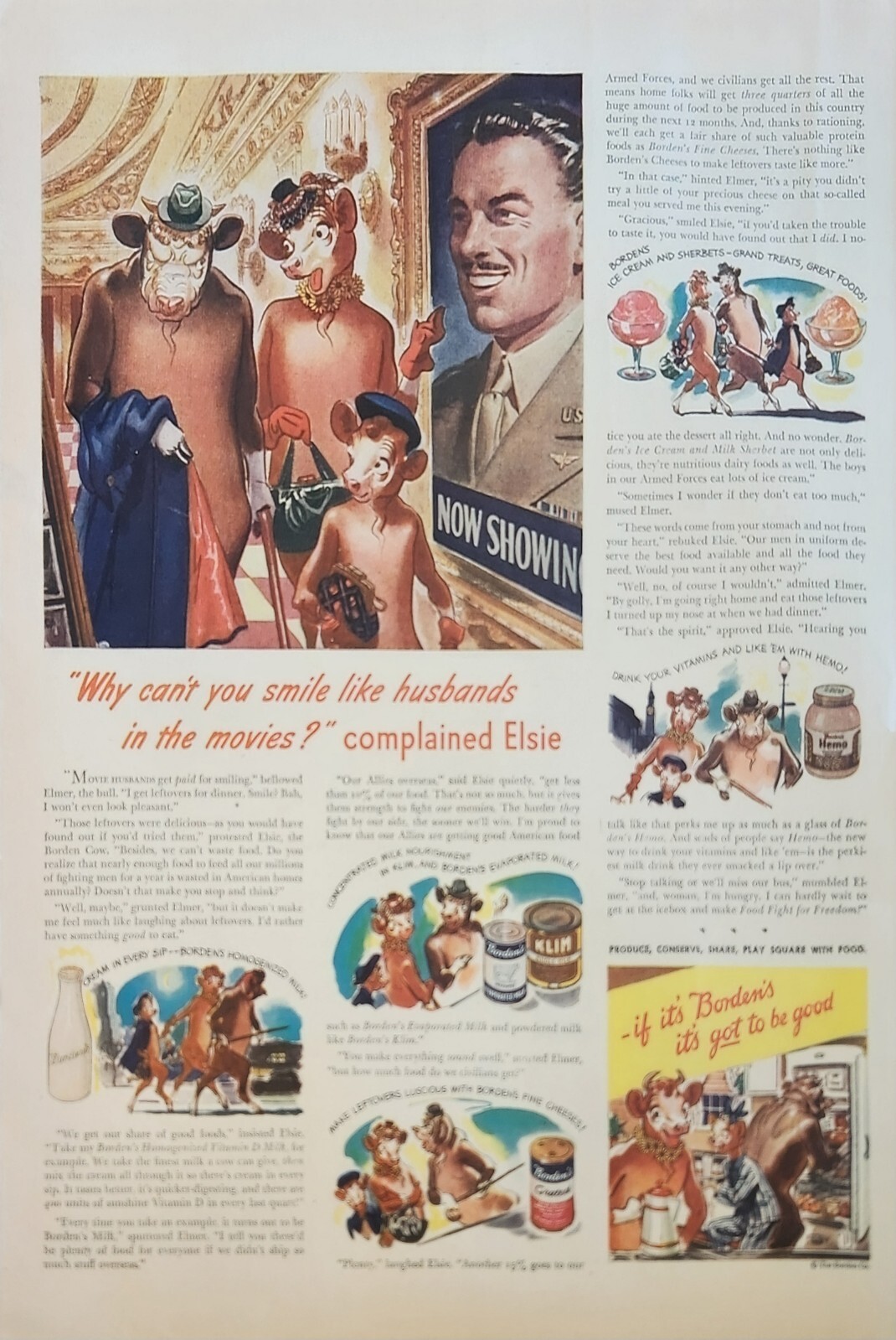 1944 Bordens dairy Company Vintage Ad Elsie the cow why cant you smile 